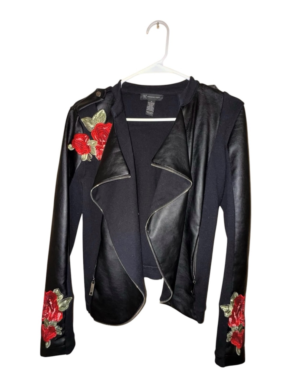 INC International Concepts Black Faux Leather Jacket with Red Rose Appliqués